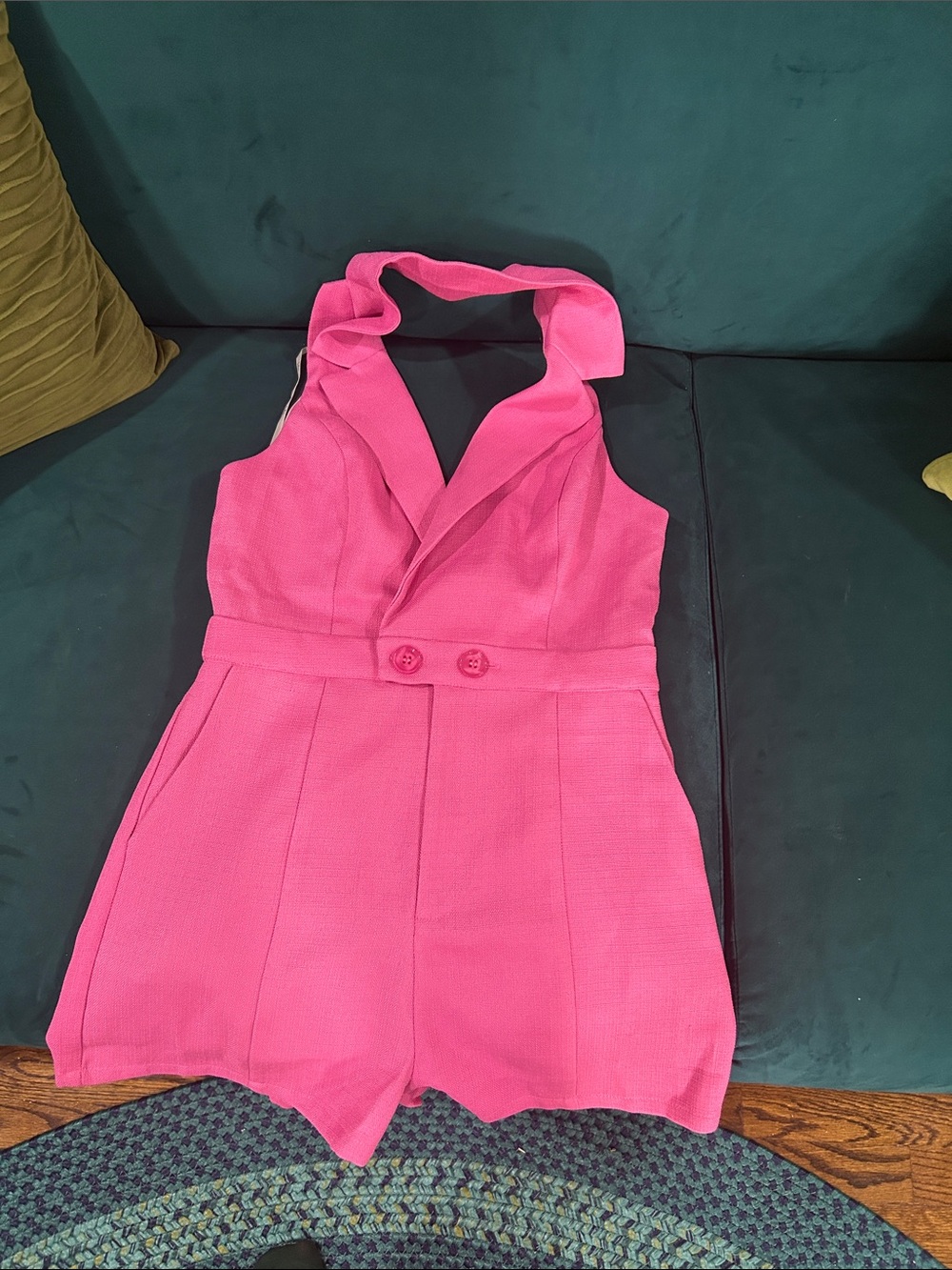 Lulu's Bright Pink Halter Romper with Waist Buttons